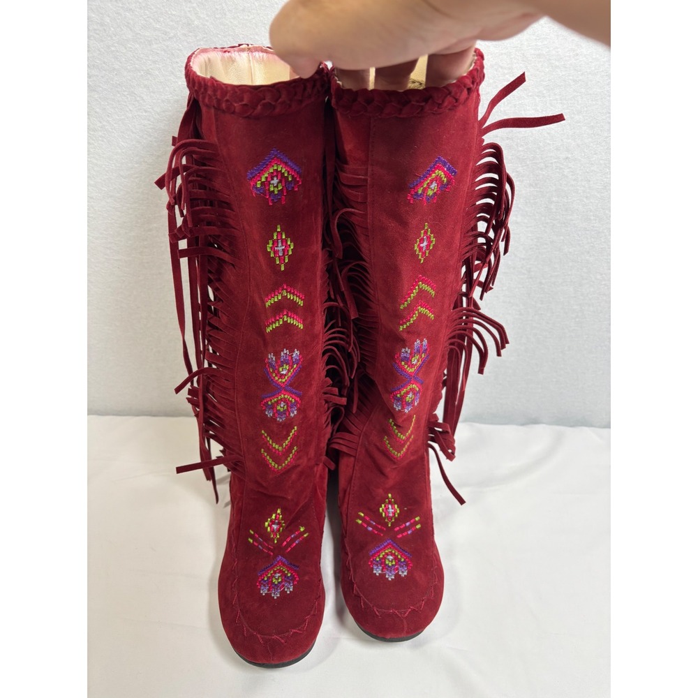 Burgundy Fringe Moccasin Style Boots Embroidered Tall Boho Size Unknown